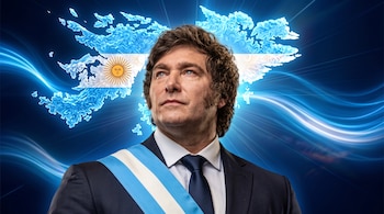 Retrato de Javier Milei con traje y banda presidencial sobre un fondo azul con el mapa de las islas Malvinas y la bandera de Argentina.