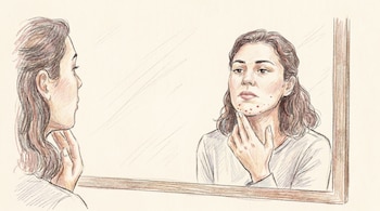 Ilustración estilo lápiz de una mujer joven con cabello castaño, reflejada en un espejo, con imperfecciones rojas en su barbilla y una mano en el rostro.