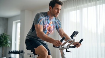 Hombre de mediana edad ejercitándose en una bicicleta estática, con una representación digital de su corazón y sistema circulatorio iluminados.