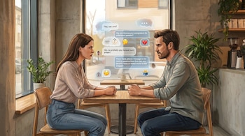 Ilustración de un hombre y una mujer sentados frente a frente en una mesa de café, con burbujas de texto y emojis ilegibles entre ellos.