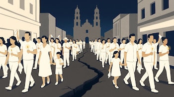 Ilustración de personas vestidas de blanco con velas y pañuelos caminando por una calle con una grieta hacia una catedral.