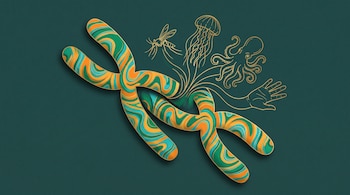 Dos cromosomas coloridos cruzados sobre fondo verde, con dibujos dorados de un mosquito, una medusa, un pulpo y una mano humana.