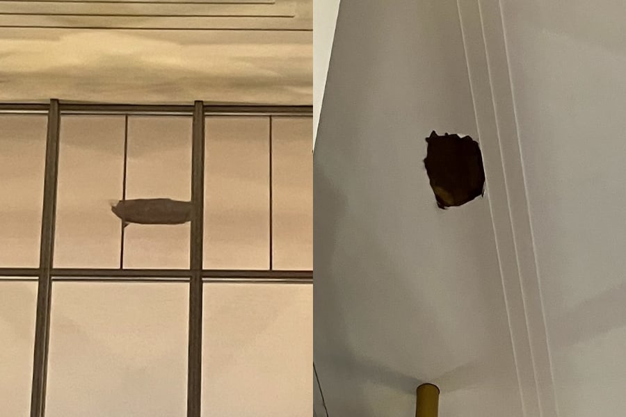 El colapso en el Gran Vestíbulo dejó un agujero en el cielo raso y escombros sobre el pasillo que une la Ópera, la Sala de Conciertos y el Teatro Eisenhower (Instagram: @officialtkc).