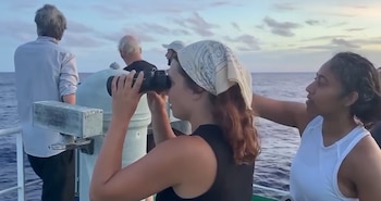 Varias personas a bordo de un barco observan el mar, entre ellas una mujer que utiliza binoculares
