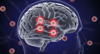 Ilustración 3D de un cerebro humano en corte sagital. Neuronas resaltadas con daño en el ADN (destellos rojos) y células inflamatorias visibles sobre un fondo biomédico oscuro.