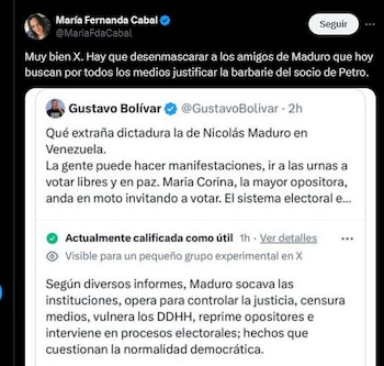 María Fernanda Cabal felicitó a X por informar a los usuarios que hay información sobre Nicolás Maduro sobre control de la justicia y vulneración de derechos humanos - crédito @MariaFdaCabal/X