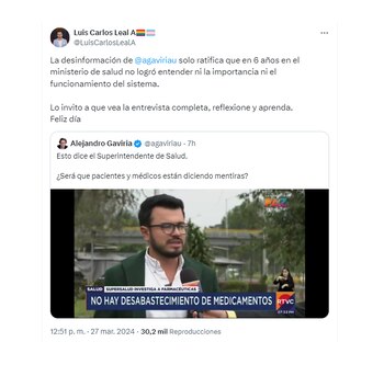 El superintendente de Salud invitó a Alejandro Gaviria a reflexionar y aprender cómo funciona el sistema de Salud, en Colombia - crédito @LuisCarlosLealA/X