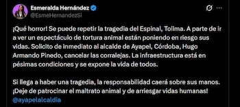 La senadora Esmeralda Hernández solicitó al alcalde de Ayapel la cancelación inmediata de las corralejas - crédito @EsmeHernandezSi / X
