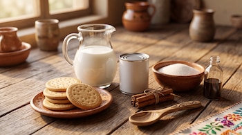 Jarra con leche, lata, galletas sobre plato de barro, ramas de canela, cuenco con azúcar y botella sobre una mesa de madera.
