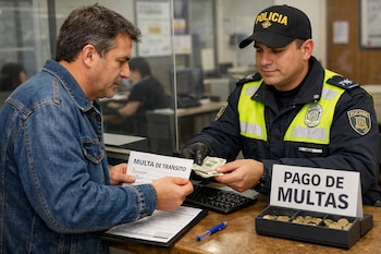 Hombre de mediana edad con chaqueta vaquera paga multa de tránsito a policía uniformado. El agente sostiene billetes y el hombre un formulario.