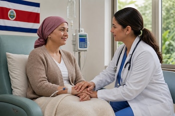 Una médica sostiene las manos de una paciente con pañuelo en la cabeza, junto a un pie de suero intravenoso y una bandera de Costa Rica.