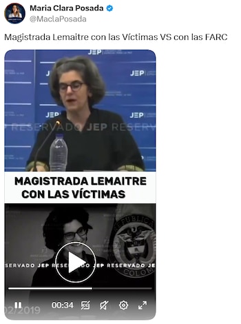 María Clara Posada comparó imágenes de Julieta Lemaitre durante la audiencia con Sigifredo López en 2022 y una diligencia con Rodrigo Londoño, alias Timochenko, en 2019. - crédito @MaclaPosada/X