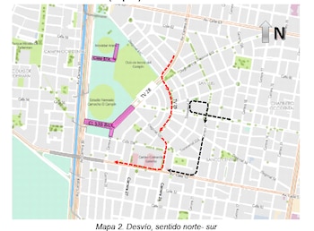 Mapa con trazados de desvío en líneas punteadas rojas y negras junto al Estadio Nemesio Camacho El Campín