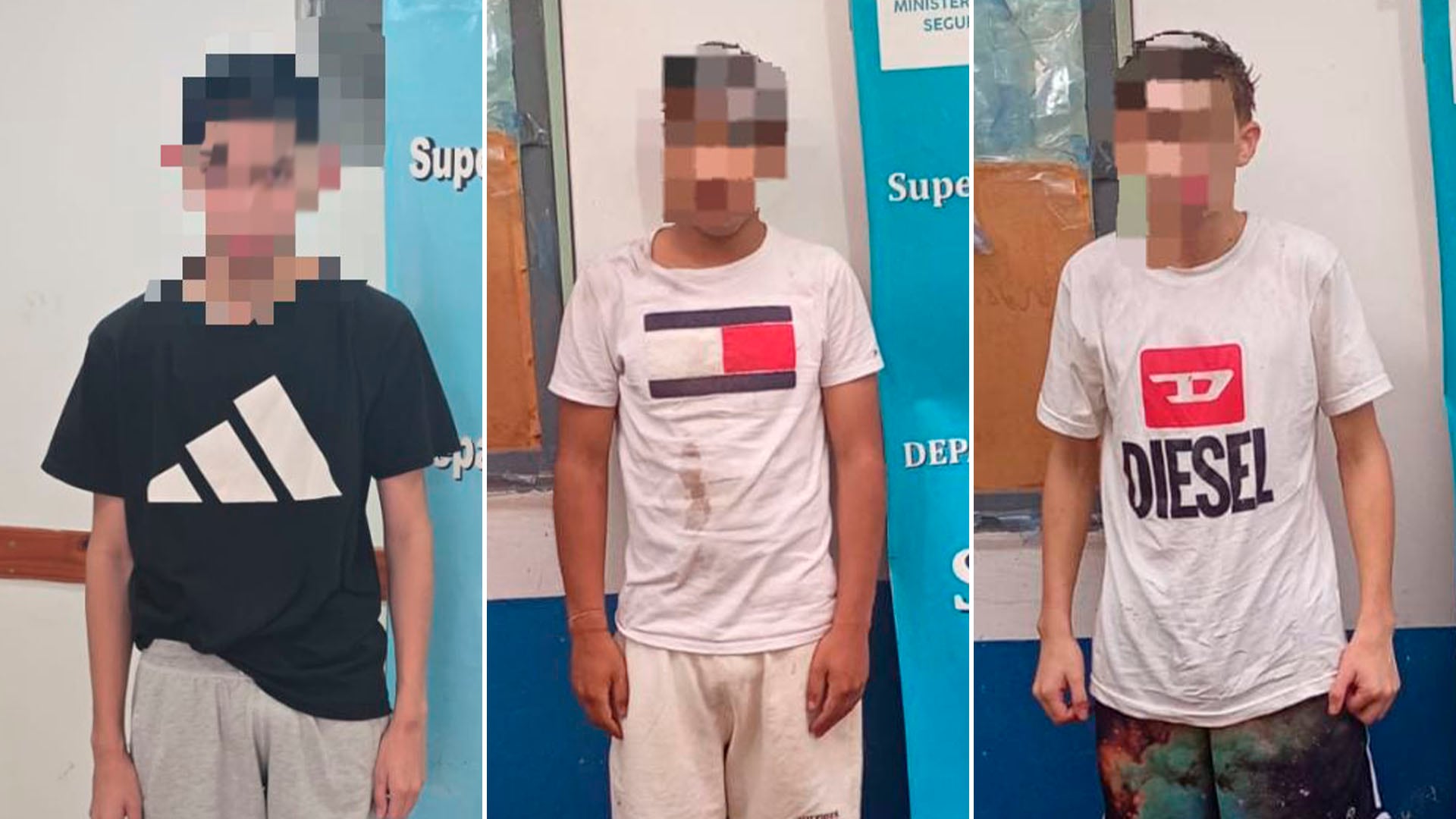 Se muestra a tres jóvenes, con rostros pixelados, tras ser detenidos como presuntos integrantes de