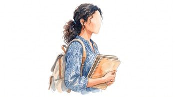 Ilustración en acuarela de perfil de una mujer con cabello rizado, blusa azul, mochila y cuadernos en las manos.