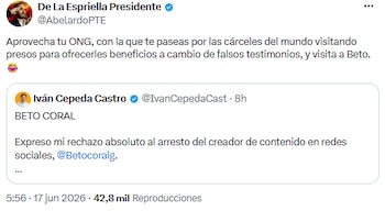 Cuenta de seguidores de Abelardo de la Espriella cuestionó a Iván Cepeda en redes por su posición ante la detención de Beto Coral - crédito @AbelardoPTE/X