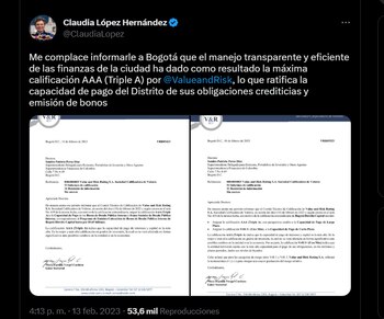 Claudia López comunicó en su cuenta de Twitter la calificación por parte del ente internacional