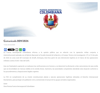 Comunicado FAC sobre operativo en Amalfi, Antioquia - crédito FAC