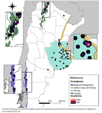 Distribución de casos e intensidad de incidencia del hantavirus, según ecorregiones desde la SE27/2025 a SE 18/2026 y publicados por el BEN en Argentina