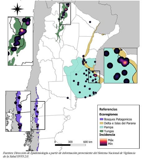 Distribución de casos e intensidad de incidencia del hantavirus, según ecorregiones desde la SE27/2025 a SE 18/2026 y publicados por el BEN en Argentina