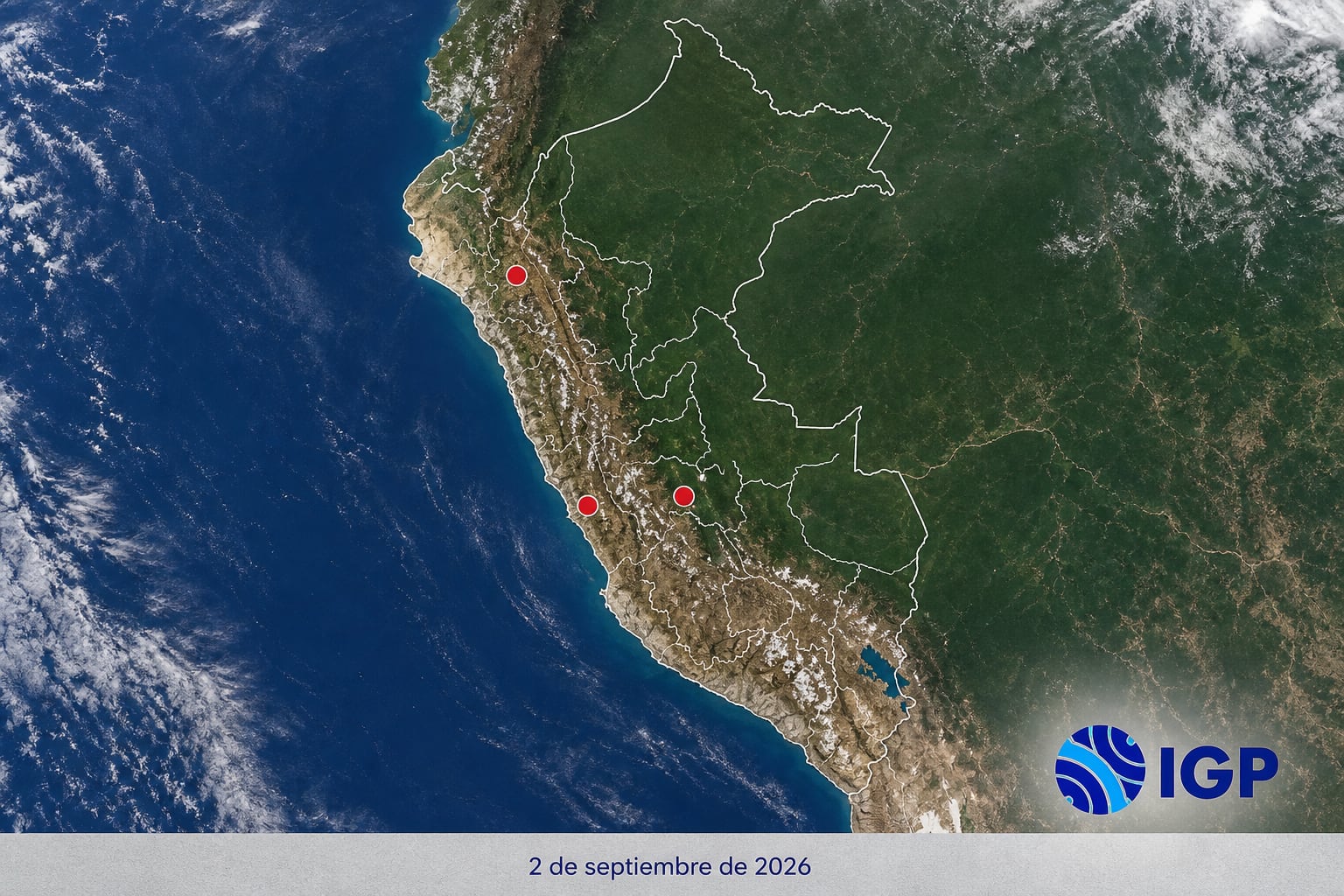 Un mapa satelital del territorio peruano publicado por el Instituto Geofísico del Perú ubica puntos en Cajamarca, Lima y Junín el 2 de septiembre de 2026. (Imagen Ilustrativa Infobae)