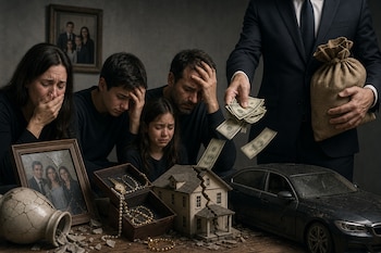 Una familia sentada frente a una mesa con una maqueta de casa rota, joyas y un auto, mientras un hombre en traje retira billetes.