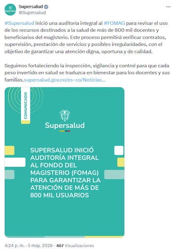 Implementarán inteligencia artificial en auditoría al Fomag para detectar anomalías y garantizar transparencia - crédito @Supersalud/X