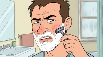 Ilustración de un hombre afeitándose con espuma y cuchilla, su cara irritada y molesta. Al fondo, se aprecian un lavabo y una toalla colgada.