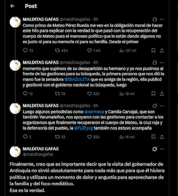 La familia de Mateo Pérez lideró la búsqueda y denunció el uso político de la tragedia durante la gestión de su recuperación - crédito X