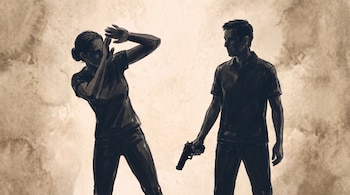 Ilustración gráfica de una mujer con los brazos sobre el rostro y un hombre de pie con una pistola en la mano.