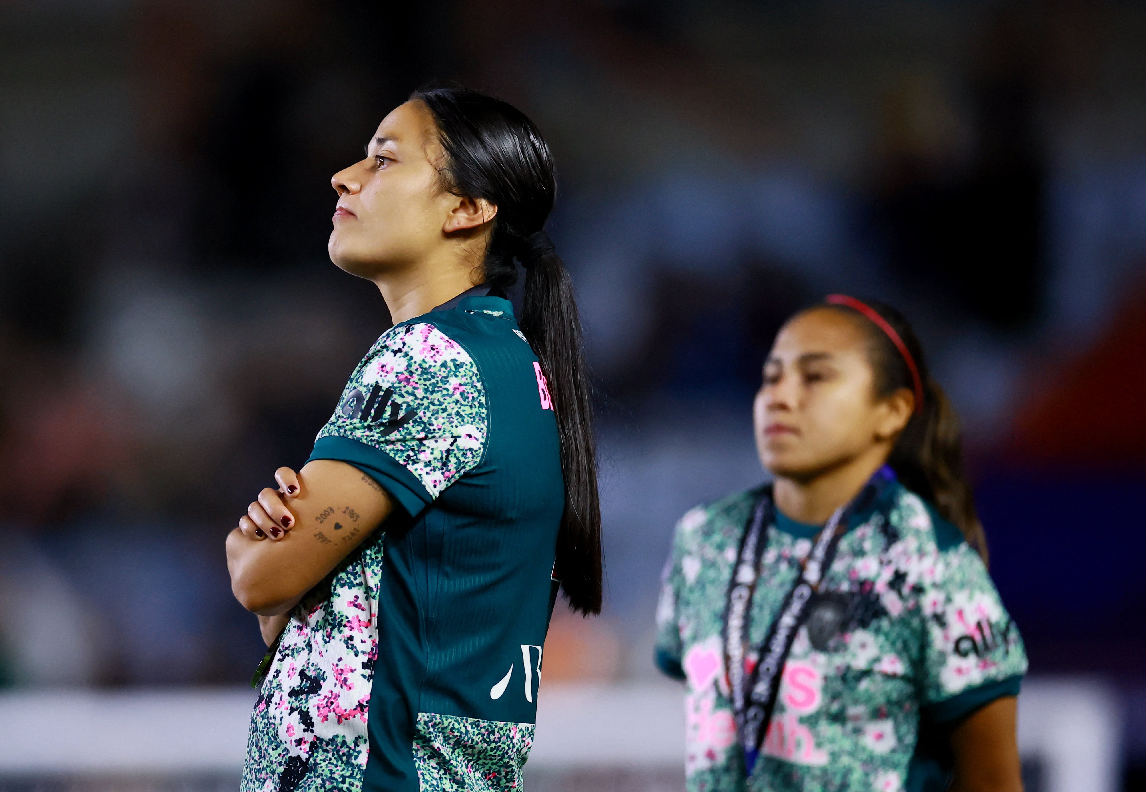 Soccer Football - CONCACAF W Champions Cup - Final - America v Washington Spirit - Estadio Hidalgo, Pachuca, Mexico - May 23, 2026 Washington Spirit's Rebeca Bernal and Leicy Santos look dejected after losing the CONCACAF W Champions Cup REUTERS/Eloisa Sanchez