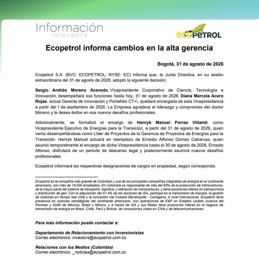 Ecopetrol dejó en encargo las vicepresidencias de Ciencia, Tecnología e Innovación y de Energías para la Transición mientras define los nombramientos en propiedad - crédito Ecopetrol