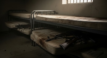 Fusiles AK-47 y otras armas ocultas bajo colchones sucios en literas de metal dentro de una celda de prisión con ventana enrejada.