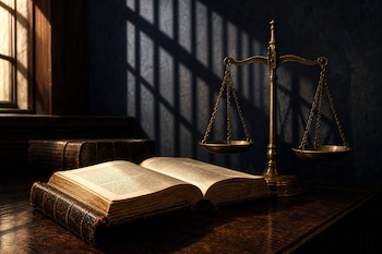 Balanza de latón y libro antiguo abierto sobre una mesa de madera, con sombras de barrotes de hierro sobre la pared posterior.