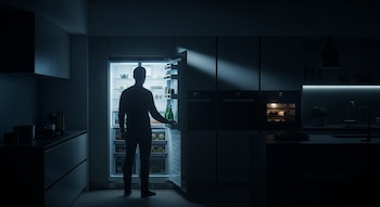 Un hombre de espaldas, en silueta, abre una heladera inteligente que emite una luz brillante en una cocina moderna y oscura con gabinetes y horno.
