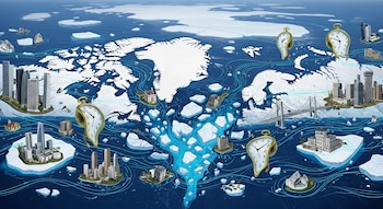 Ilustración de Groenlandia y el Ártico, con el casquete polar fragmentado. Se ven relojes derretidos, ciudades en miniatura y líneas de corriente azul brillante en el agua.