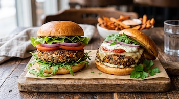Dos hamburguesas con vegetales sobre una tabla de madera, acompañadas por un tazón con bastones de camote frito y un vaso de agua.