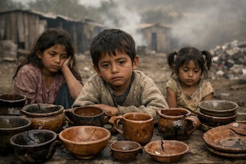 Tres niños mexicanos con rostros tristes y cansados posan frente a utensilios de barro agrietados. Al fondo, casas rústicas y humo visible.