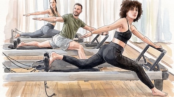 Tres personas, dos mujeres y un hombre, practican Pilates sobre tres máquinas reformer en una sala con suelo de madera.