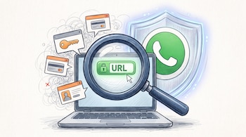 Una laptop muestra una barra de URL con candado y lupa; ventanas emergentes contienen una llave, tarjeta de crédito y perfil de usuario, y detrás un escudo con el icono de WhatsApp.