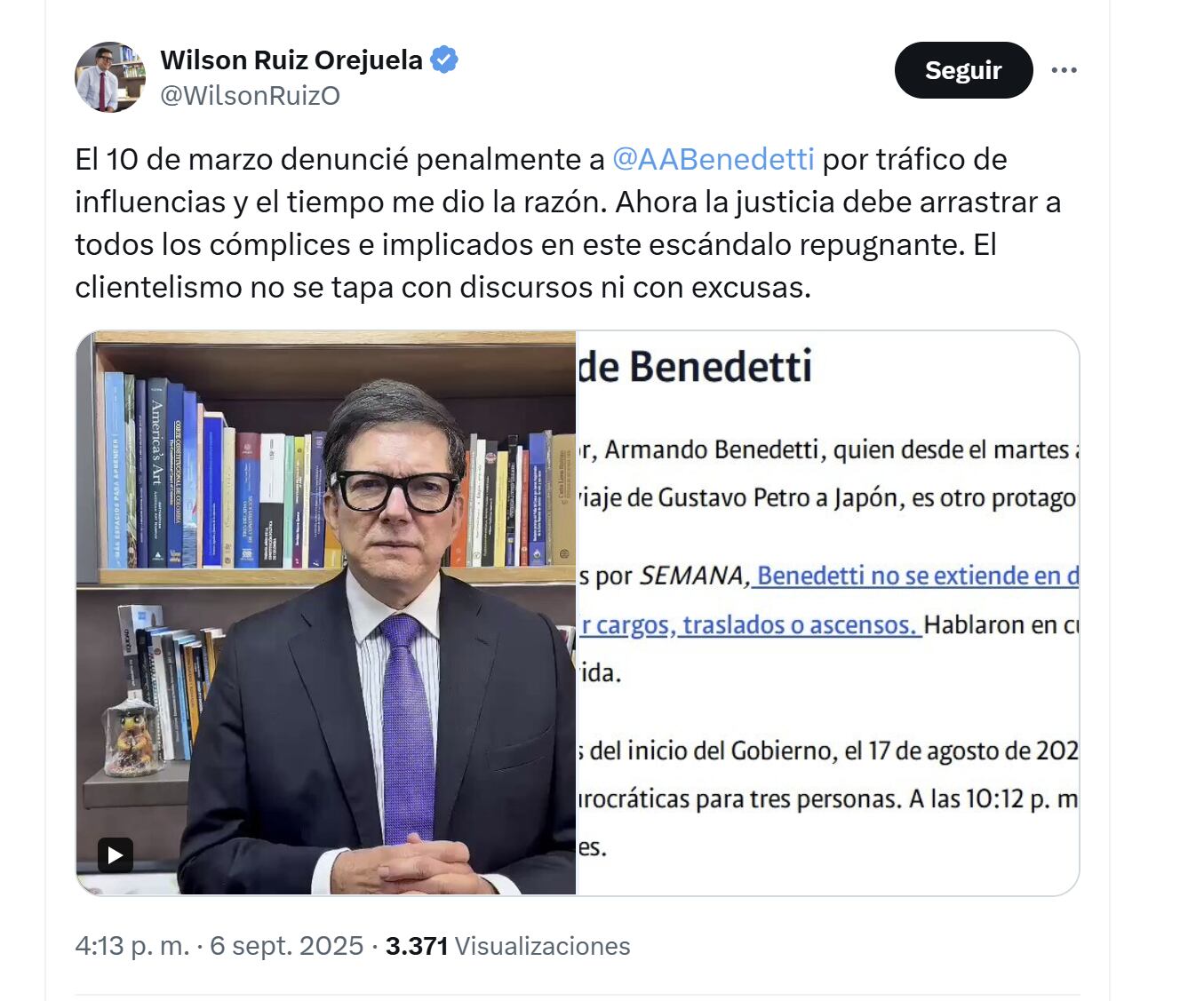 El exministro Wilson Ruiz instó a la justicia colombiana a investigar y castigar a los implicados en el escándalo de tráfico de influencias que sacude al Gobierno Petro - crédito @WilsonRuizO/X