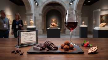 Una copa de vino tinto, tabletas de chocolate, trufas, frutos rojos y un cartel explicativo sobre una mesa de madera en la sala de un museo.
