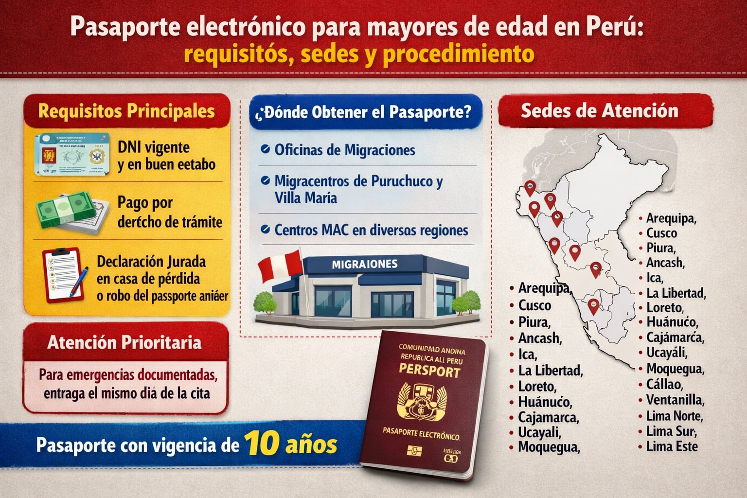 La Superintendencia Nacional de Migraciones detalla los requisitos, sedes y el procedimiento para obtener el pasaporte electrónico para adultos en Perú, incluyendo atención prioritaria para emergencias. (Imagen Ilustrativa Infobae)