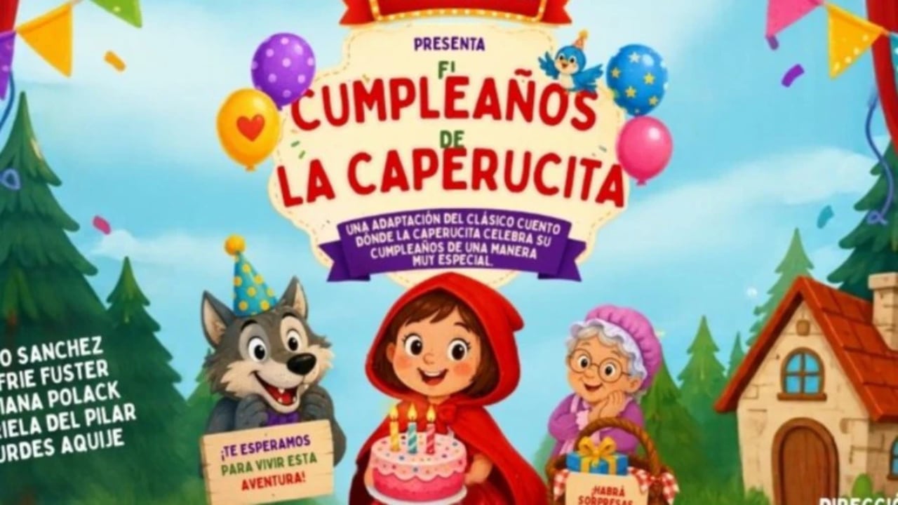 Espectáculo infantil: 'El cumpleaños de la Caperucita' muestra a los personajes del cuento en un ambiente festivo con globos y regalos.
