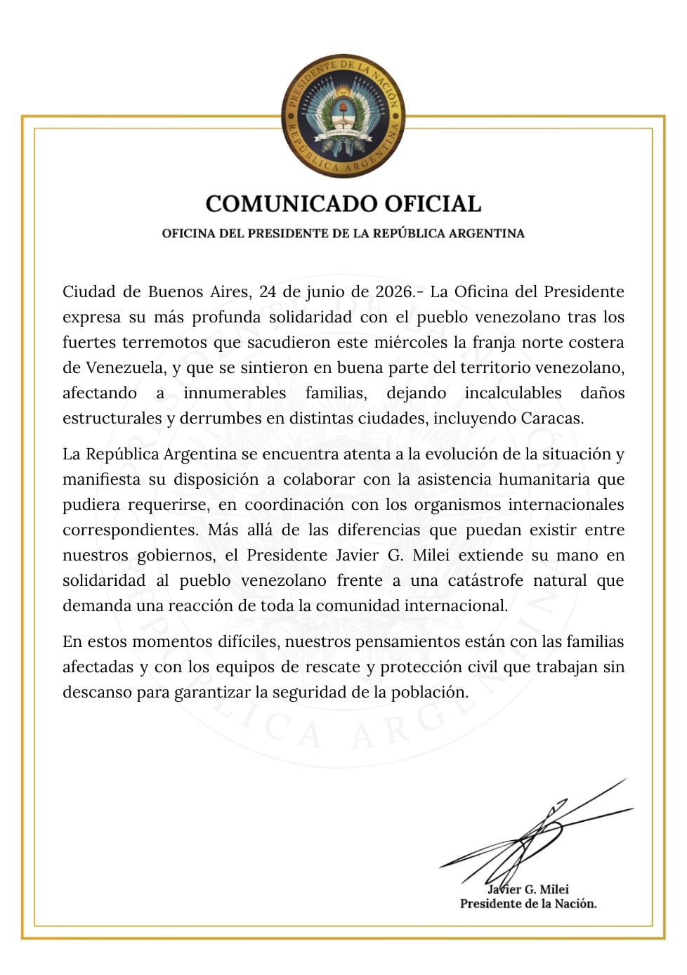 El comunicado emitido por la Oficina de la Presidencia