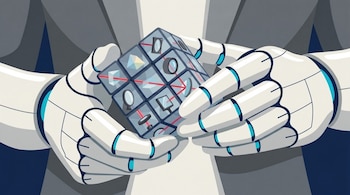 Ilustración de manos robóticas blancas sosteniendo un cubo transparente con lentes, prismas y líneas rojas de luz frente a un traje