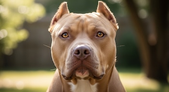Un pitbull de pelaje corto y color canela con orejas puntiagudas y ojos ámbar mira fijamente al frente en un día soleado al aire libre.