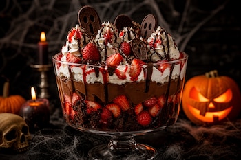 Un postre en copa de vidrio con fresas, chocolate, crema y figuras de fantasmas, junto a una calabaza iluminada y velas.