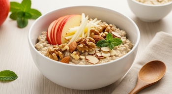 Un bol de avena con trozos de manzana roja y amarilla, nueces, almendras laminadas y hojas de menta sobre una mesa de madera clara junto a una cuchara y una servilleta.