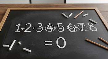 Una vista aérea de una pizarra negra con un problema matemático escrito en tiza blanca: 1+2+3-4+5-6+7-8 = 0. Hay tizas y lápices dispersos.